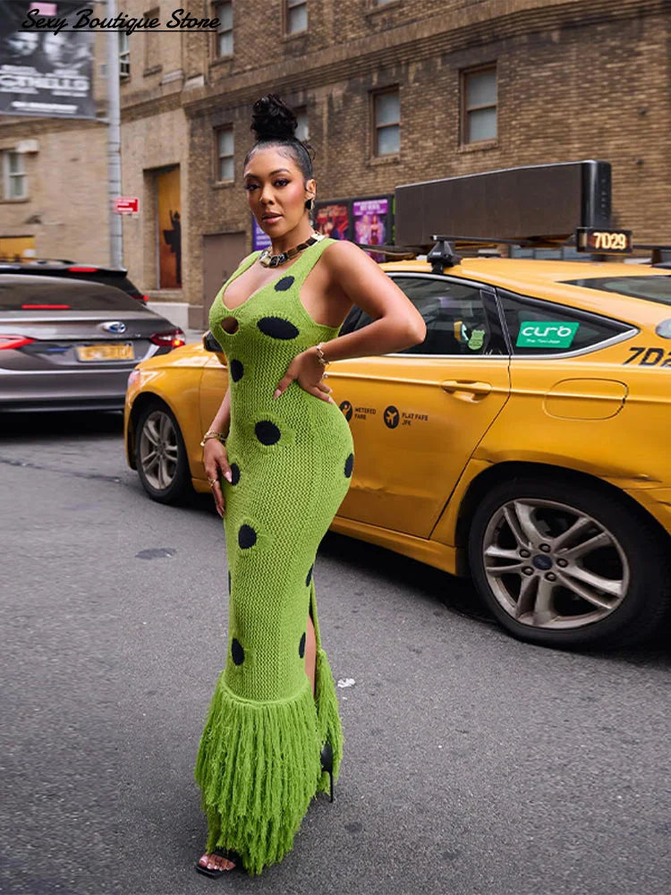 Women Sexy See Through Knitted Maxi Dress Hollow Out Deep Neck Pot Robes Tassel Hem Fork Party Vestidos 2025 New Lady Club Dress