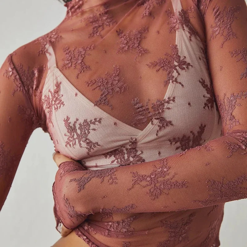Sexy Sheer Mesh Long Sleeve Crop Top for Women Mock Neck Floral Lace Tshirt Fairy Coquette See Through Tees Blouse Cover-ups