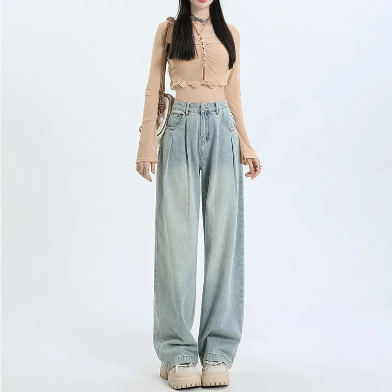 Pleated Wide Leg High Waist Jeans