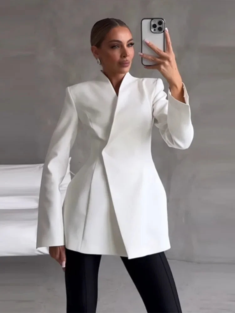 Blazer Skirt Set Women Solid One Button Suit Coat Pleated See Through Fishtail Skirts Outfit  Spring Elegant Lady Party Suit