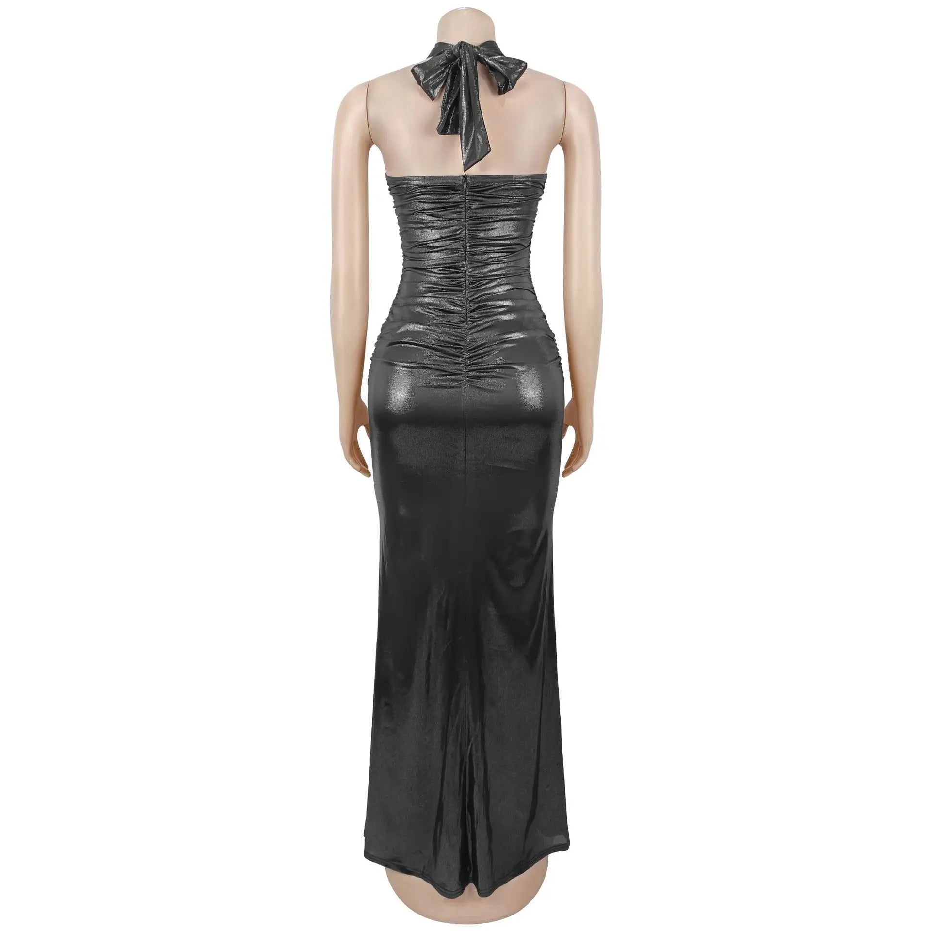 CM.YAYA Women Gilding Halter Strapless Ruched Bodycon Maxi Long Dress