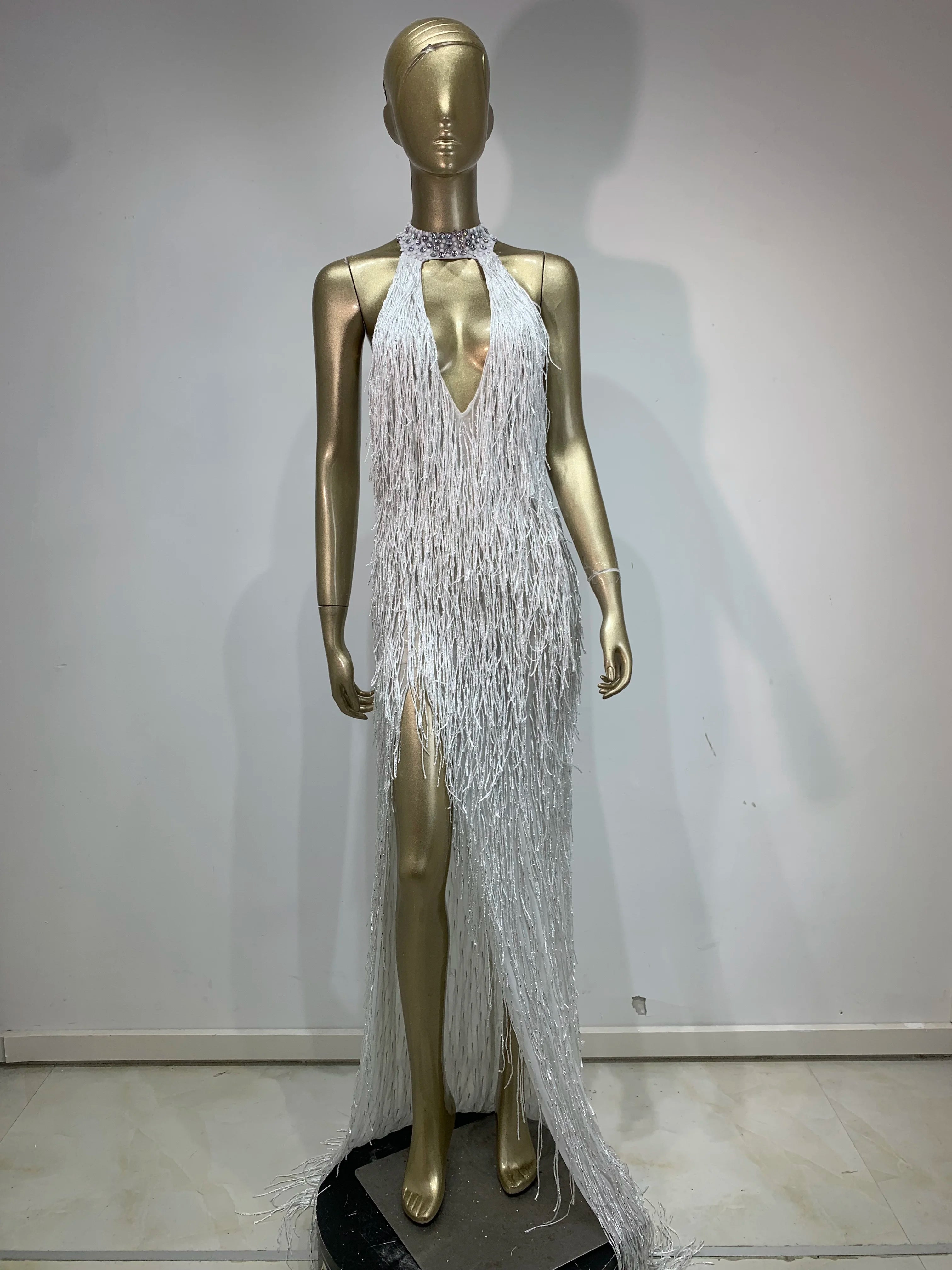 Women Shiny Gold Crystals Tassel Luxury Long Dress Sexy Hollow Out Elegant Prom Gown Evening Club Birthday Party Stage Outfit