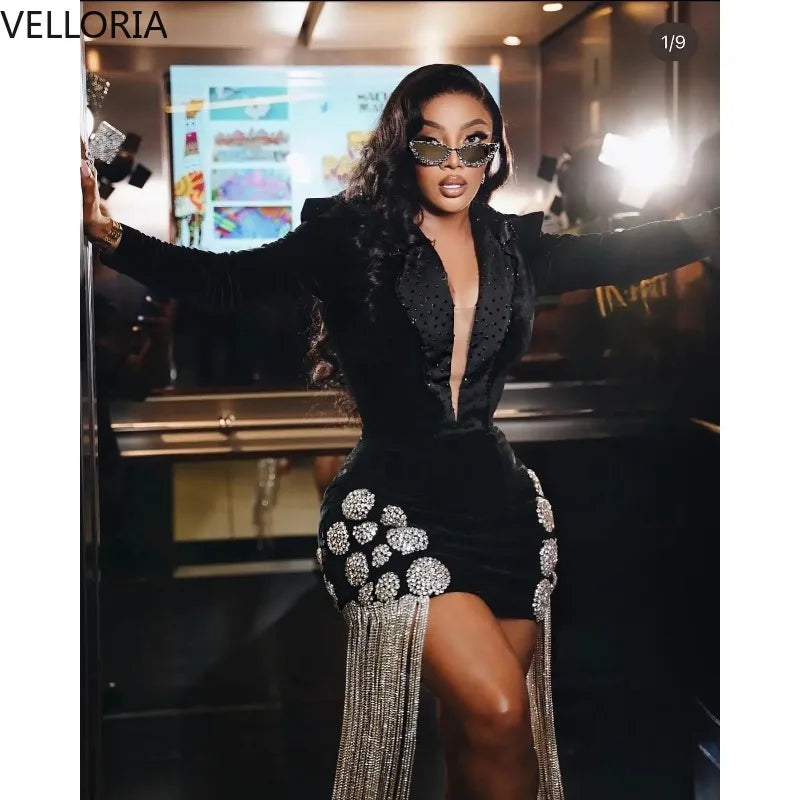 Black Velvet Blazer Dress for Black Women Sexy Deep V-Neck Gold Rhinestone