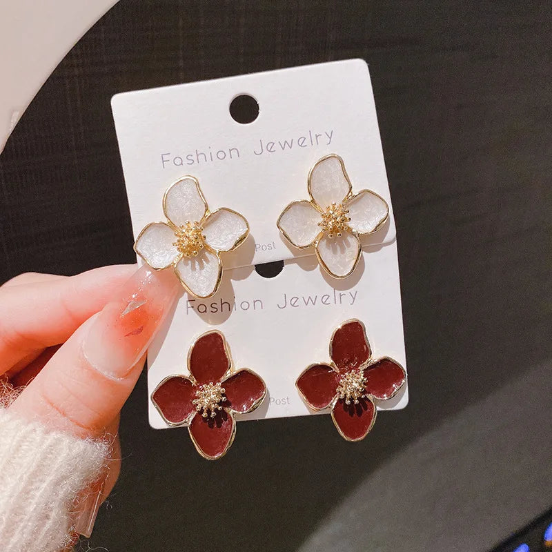 Hibiscus Flower Dropped Glaze Stud Earrings