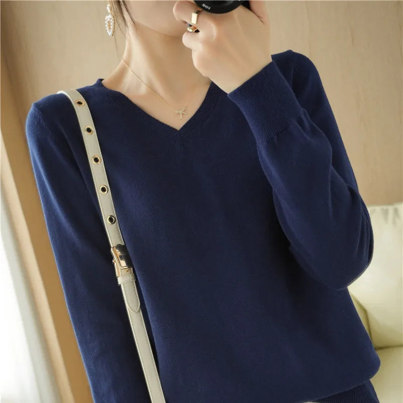Peach V-Neck Knitted Sweater for Women