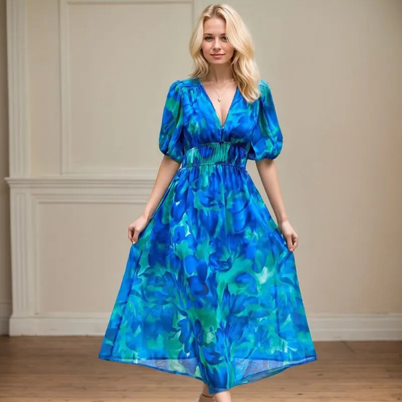Sexy V Neck Dress For Women Luxury Deep V Neck Quarter Sleeve Elastic Waist Floral Dresses Casual Resort Tea Break A-Line Dress