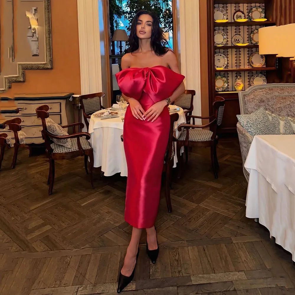 Elegant Satin Red Evening Dress With Bow 2025 Off Shoulder Birthday Dress Women Night Club Formal Evens Parties Dress