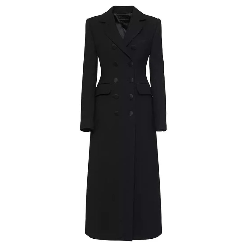 DEAT Fashion Black X-long Blazer Women's Lapel Slim Fit Double Breasted Full Sleeves Suit Jacket Autumn New