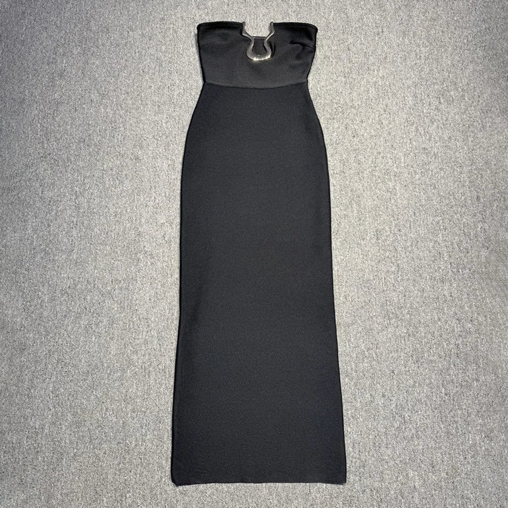 Elegant Strapless Black Long Bandage Dress
