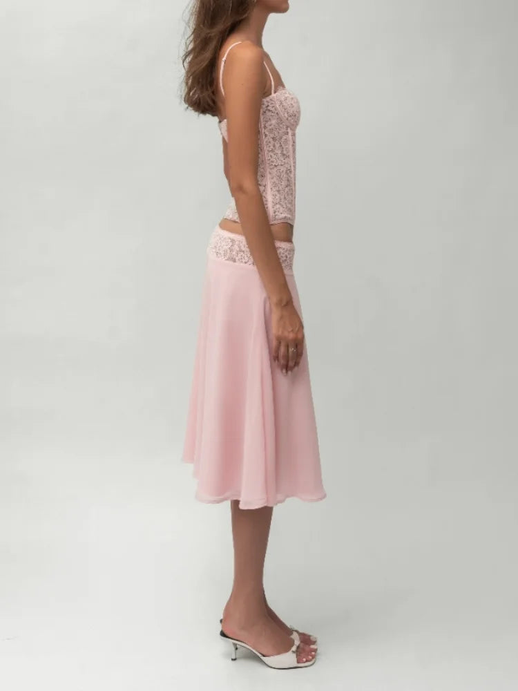 Chic Pink Lace Corset Two-Piece Set Women