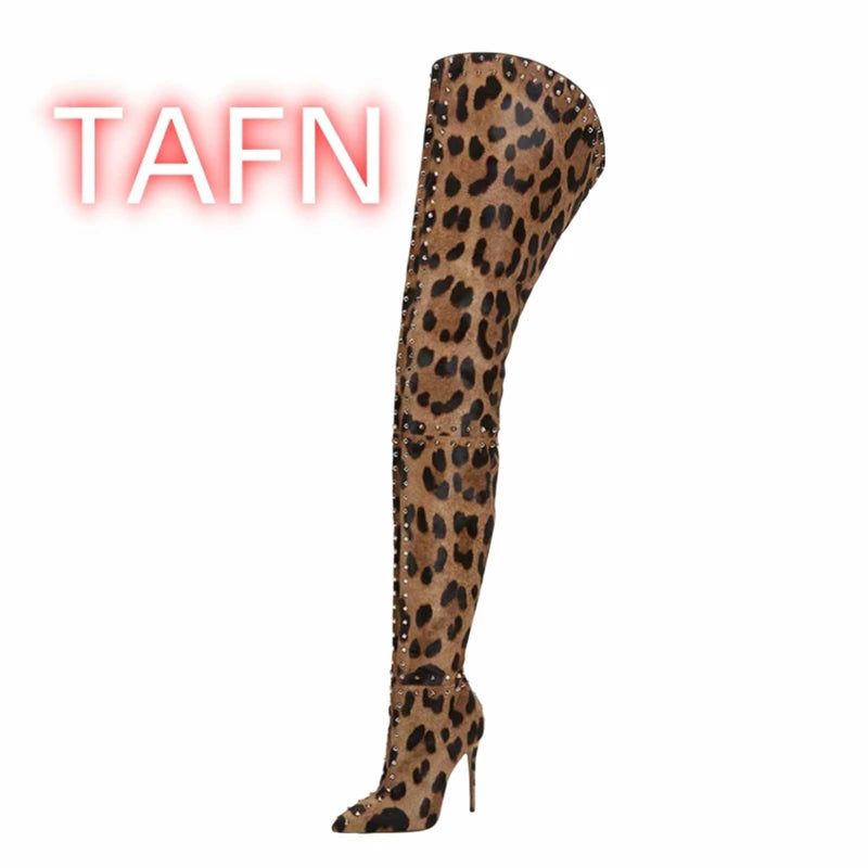 Women Leopard Print Over The Knee Boots Rivets