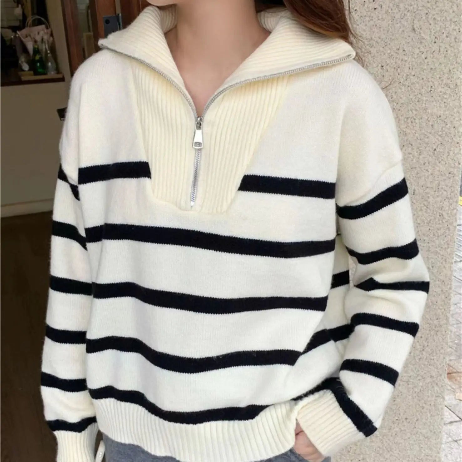Spring & Autumn Zipper Stripe Sweater for Women