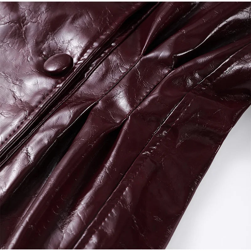 Fashion PU Leather Skirt Sets Women Lapel Long Sleeve