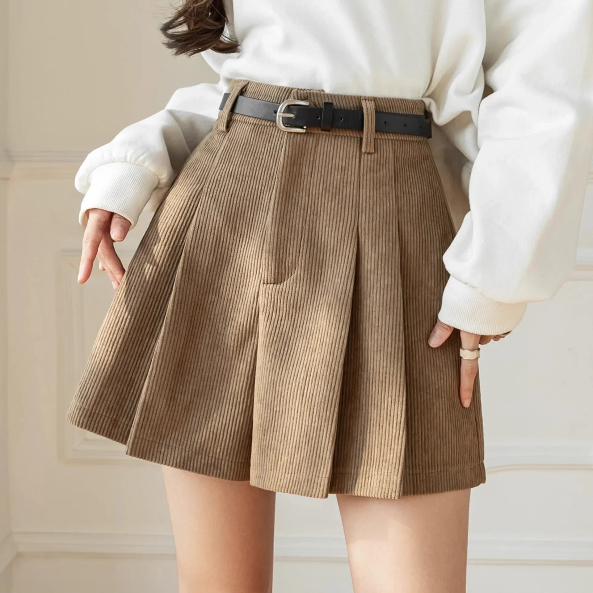 High-Waisted Khaki A-Line Corduroy Skirt