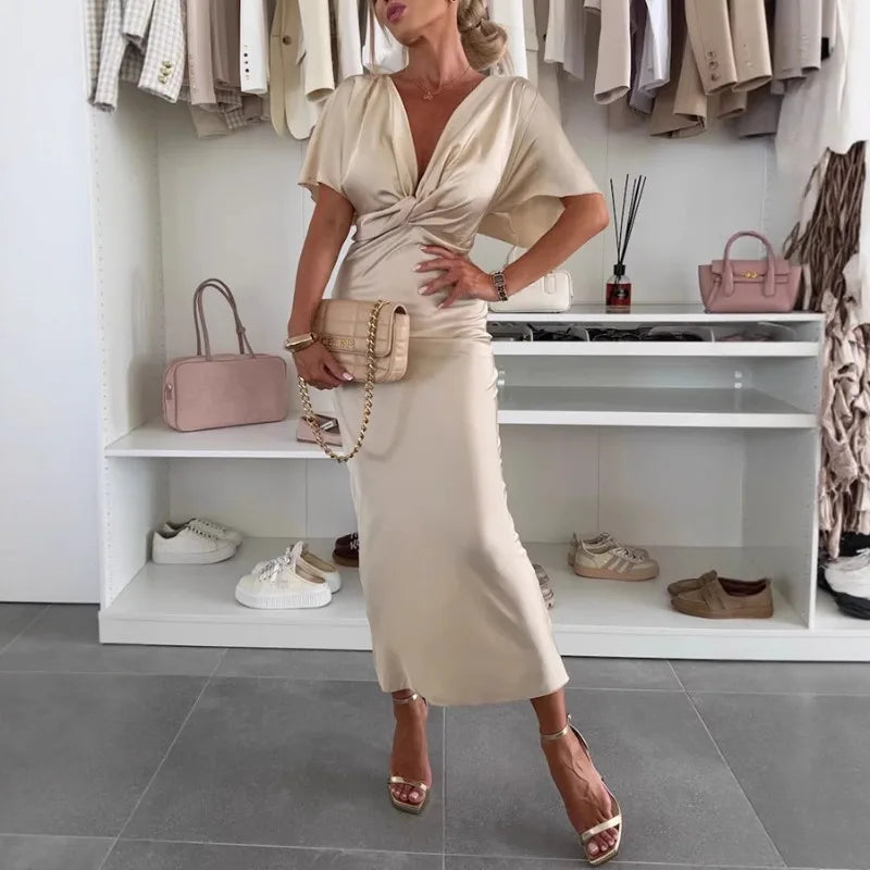 Sexy Satin Summer Dress Elegant Deep V Collar Bat Short Sleeve Party Dress Women Temperament Slim Fit Solid Long Dress