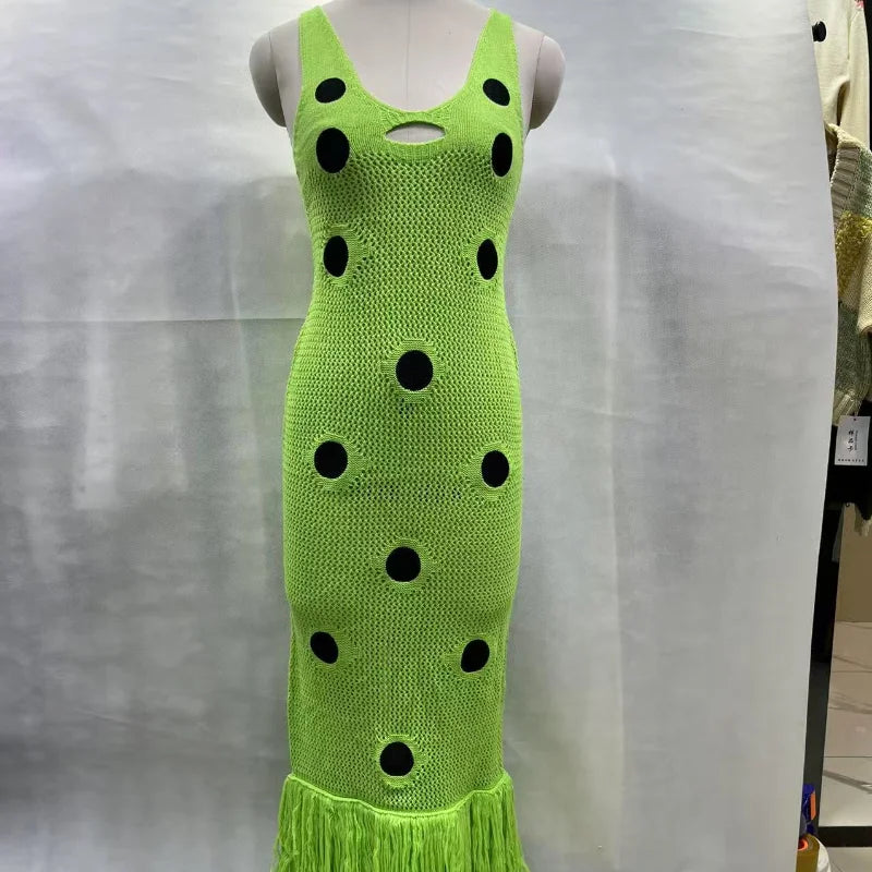 Women Sexy See Through Knitted Maxi Dress Hollow Out Deep Neck Pot Robes Tassel Hem Fork Party Vestidos 2025 New Lady Club Gown
