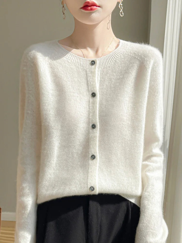 ADDONEE Women's Merino Wool O-Neck Cardigan