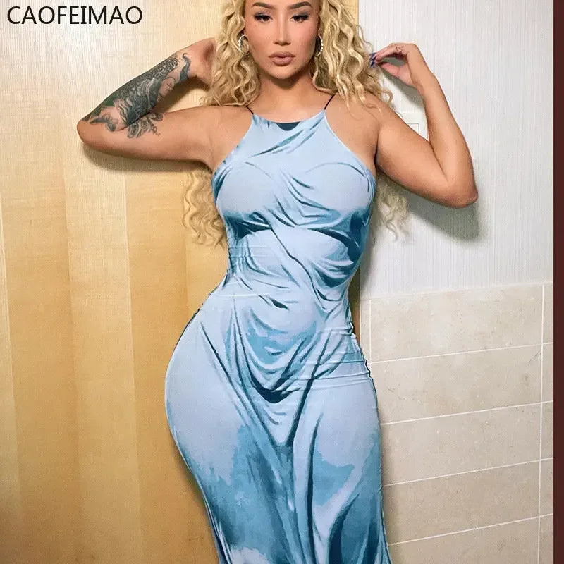 Printed Sexy Dry Wet Dress Women 2023 Sleeveless Backless Strap Long Close-fitting Sheath Female Party Evening Dresses Vestidos