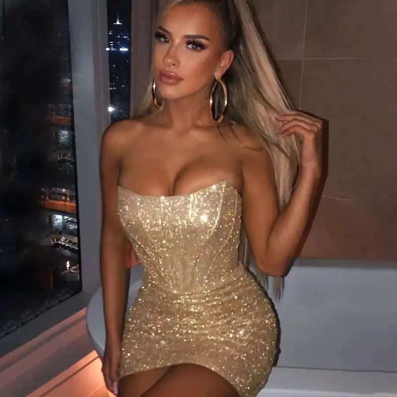 Sliver Glitter Sexy Dress Women Strapless Skeleton Mini Summer Bodycon Dress