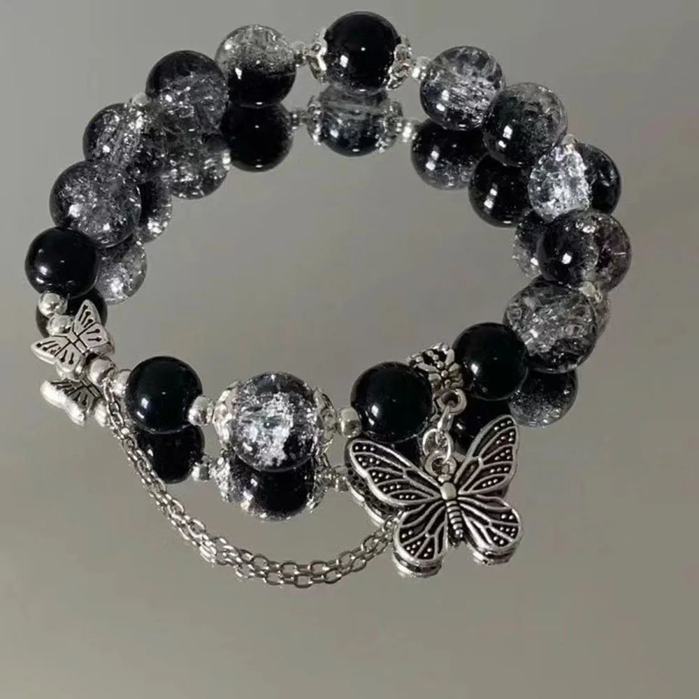 Black Beaded Butterfly Pendant Bracelet