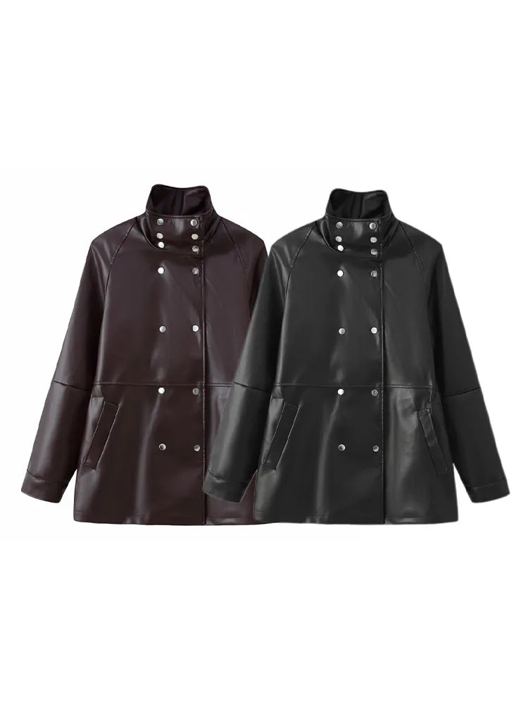 HH Women Double Breasted Stand Collar Long Sleeves