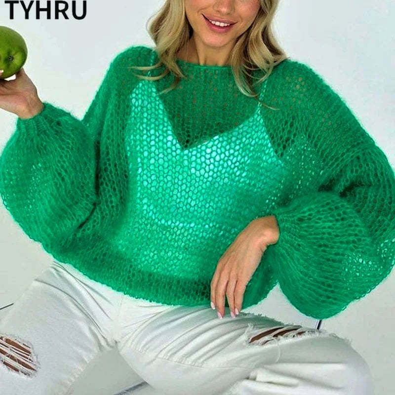 Women’s Hollow Out Mesh Lantern Sleeve Sweater