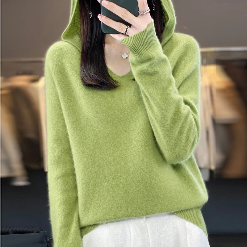 100% Merino Wool V-Neck Hoodie for Women