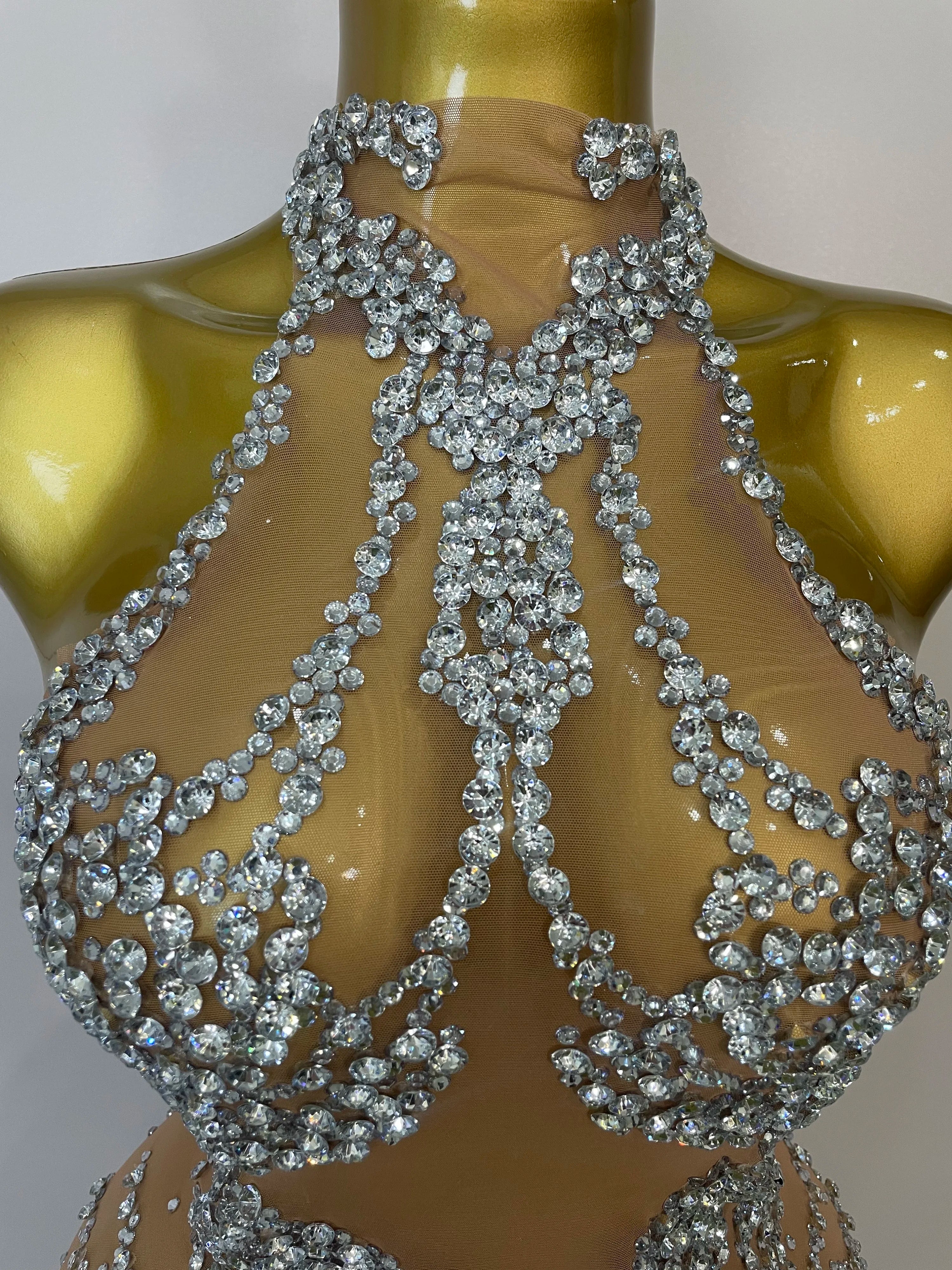 STOCK Sparkly Rhinestones Sexy Mesh See Through Dress Party Evening Prom Celebrate Birthday Dress Singer Dancer Show Stage Wear