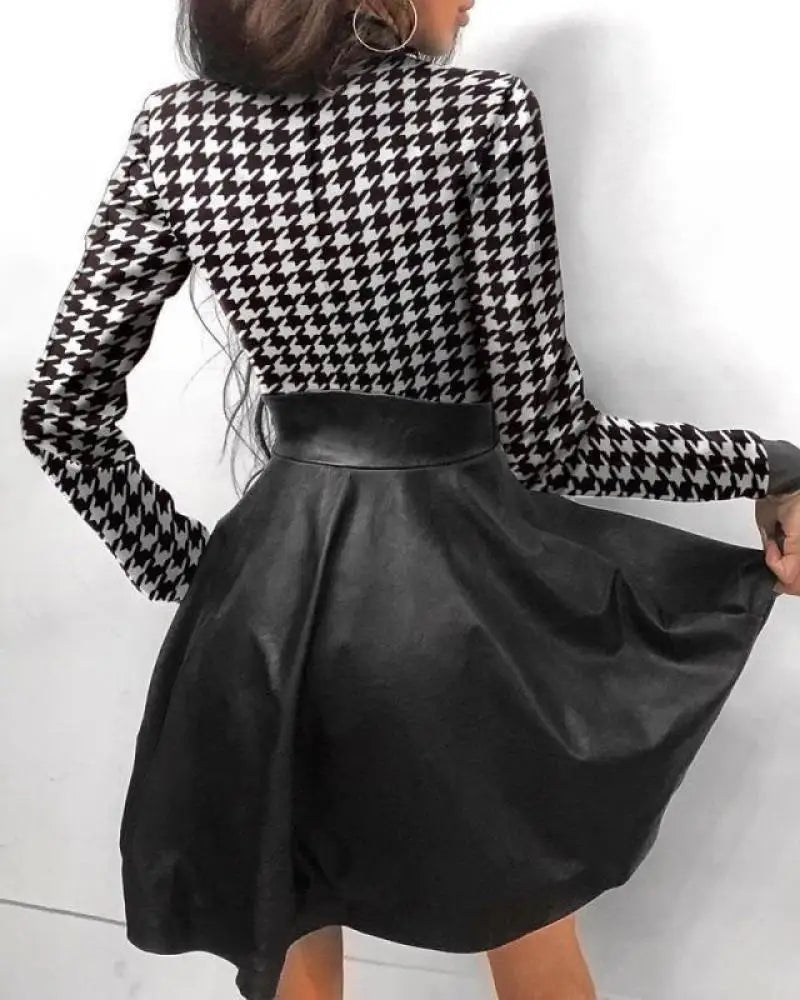 Faux Leather Dress Women Sexy Lace Mini Dress