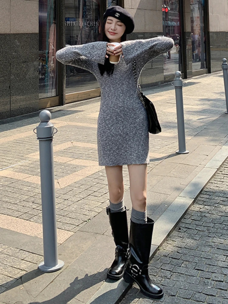Knitting Sexy Dress for Women Slim Casual Flare Sleeve Gentle Hotsweet Warm Fashion Inner Clothing Autumn Winter Vestidos Soft