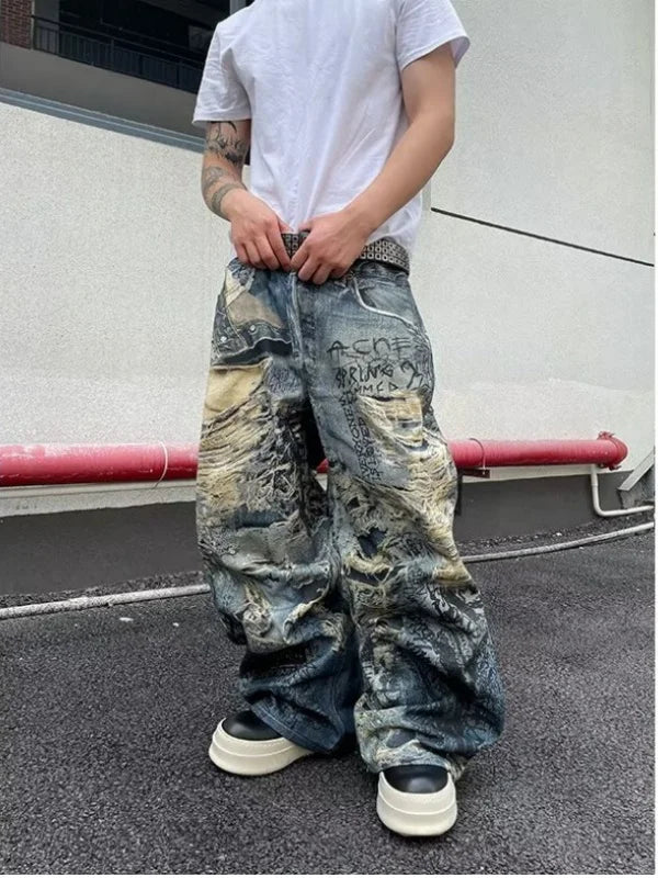 American High Street Retro 3D Digital Illusion Worn out Men's Women's Loose Straight Leg Wide Leg Long Jeans Casual Faion