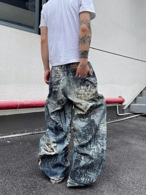 American High Street Retro 3D Digital Illusion Worn out Men's Women's Loose Straight Leg Wide Leg Long Jeans Casual Faion