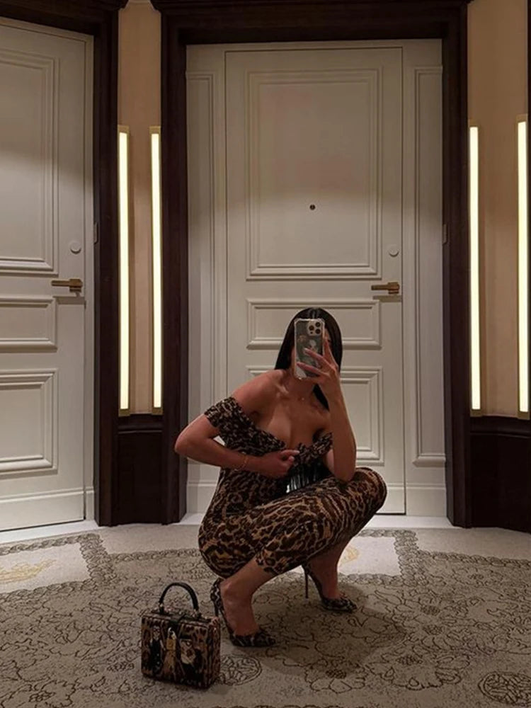 Ahagaga Sexy Leopard Women's Party Dresses Sequins Slash Neck Sheath Bodycon Long Maxi Short Sleeves Elegant Slim Vestidos Robes