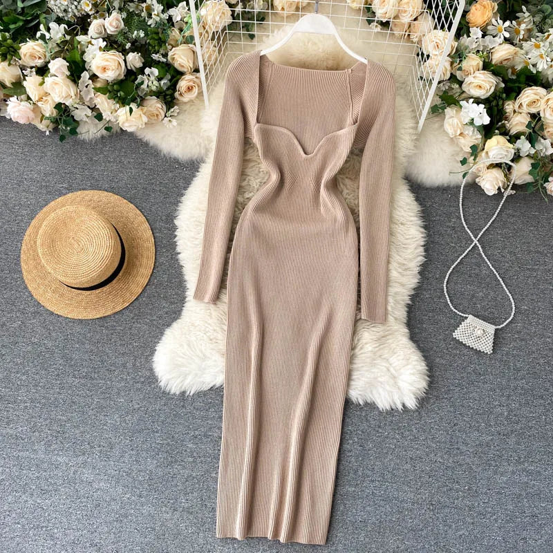 Dresses For Women 2026 Sexy Strapless Ribbed Knitted Bodycon Dress Women Winter Long Sleeve Midi Sweater Dress Clothes