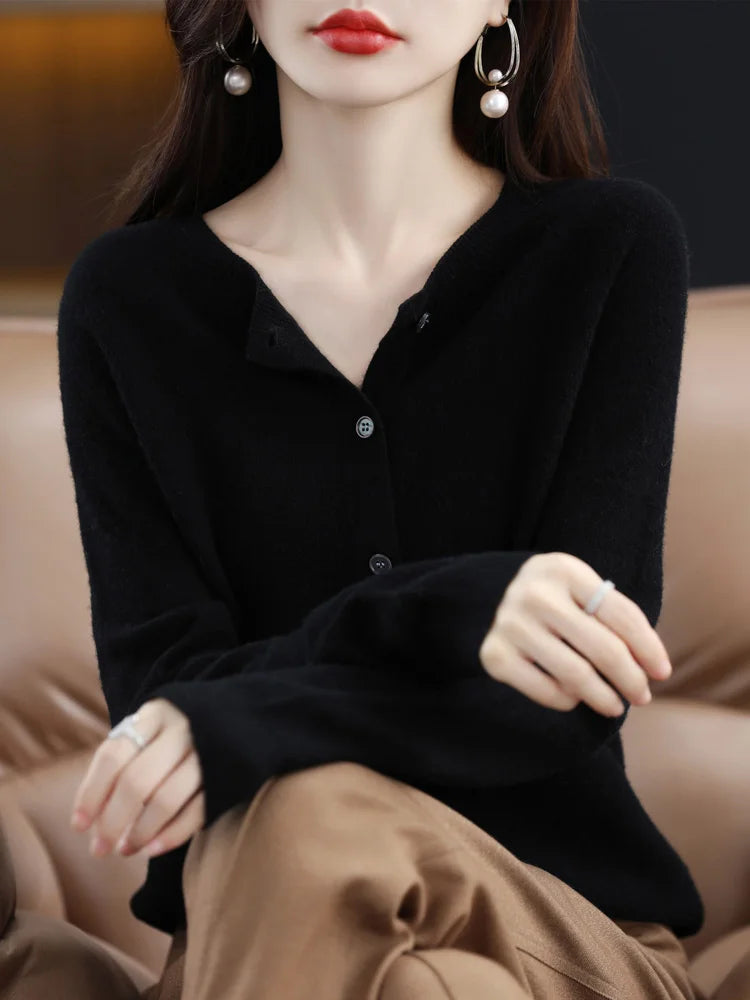 Chic Women's O-Neck Merino Wool Cardigan