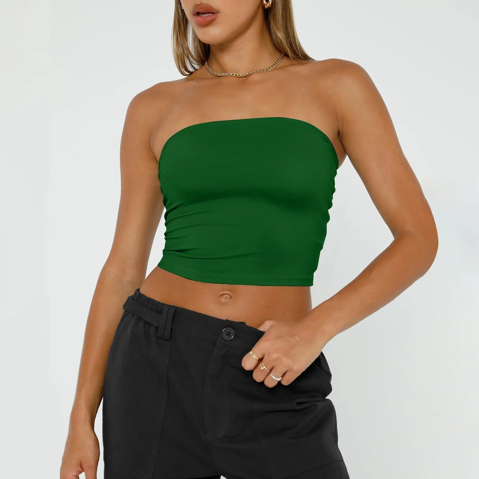 Womens Strapless Crop Tops Basic Backless Sleeveless Bandeau Cute Sexy Tops Trend Street Fashion Classic Solid Tube Tops