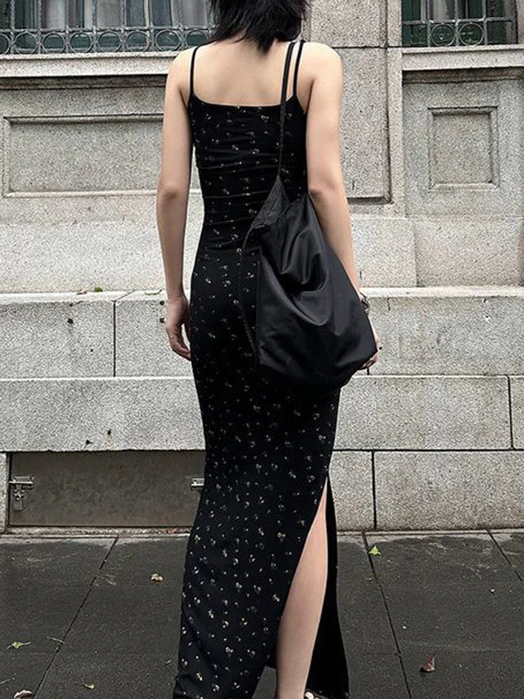 Women Summer Sexy Bodycon Dress Lady Sexy Spaghetti Strap Sleeveless Split Sheath Floral Dress Maxi Black Vestidos
