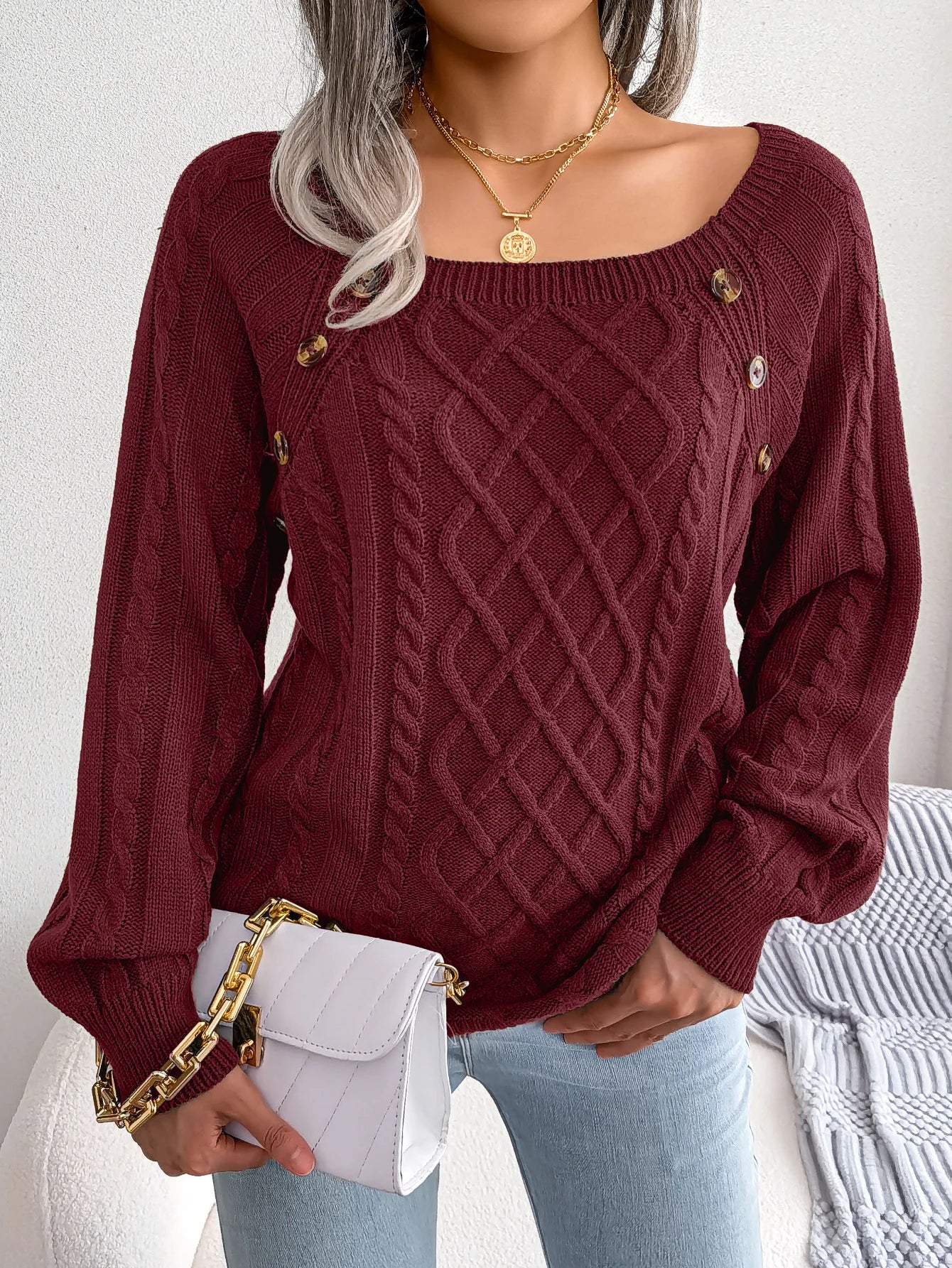 Casual Square Collar Knitted Sweater for Women