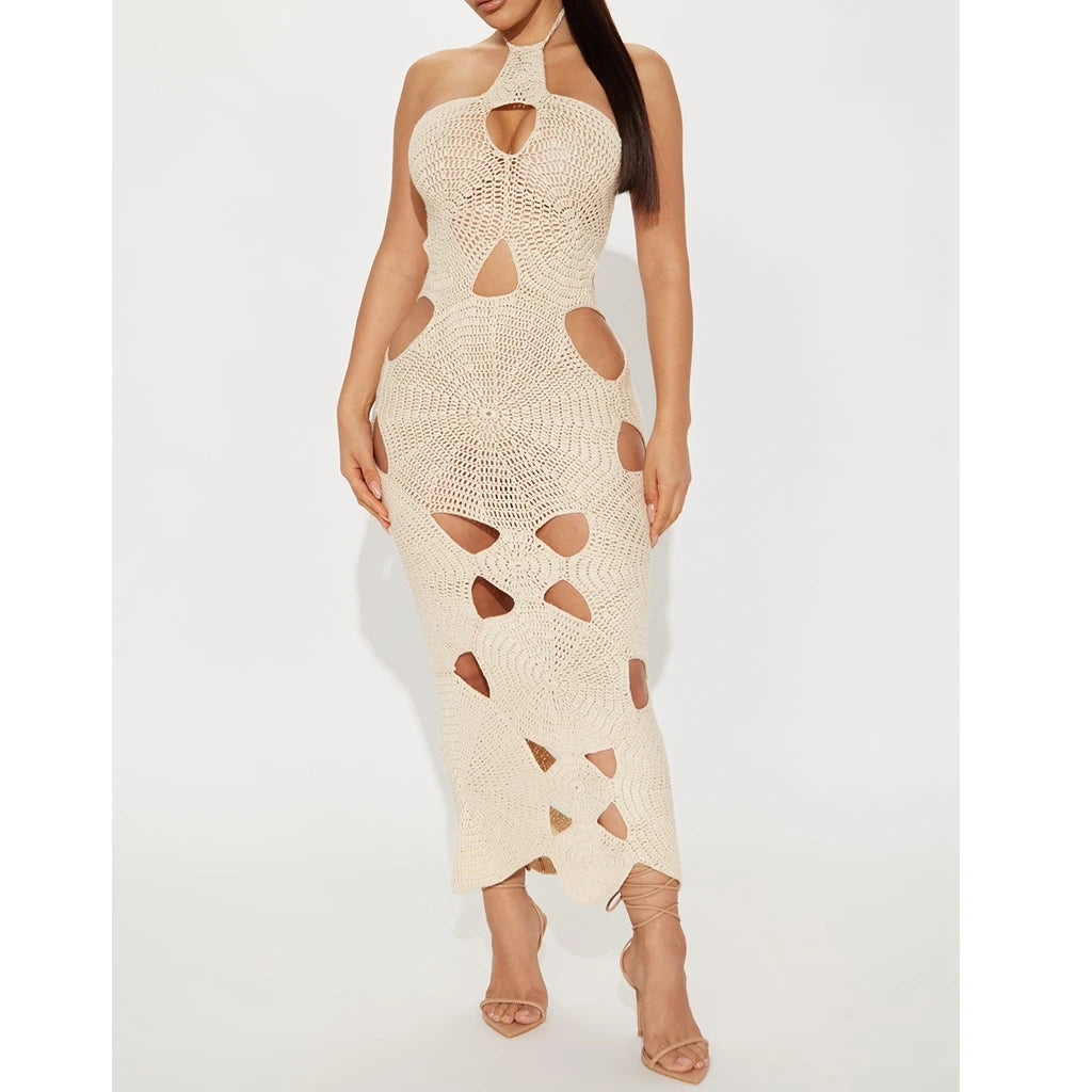 Bungalow Handmade Crochet Midi Dress Cream For Sexy Women Fashion