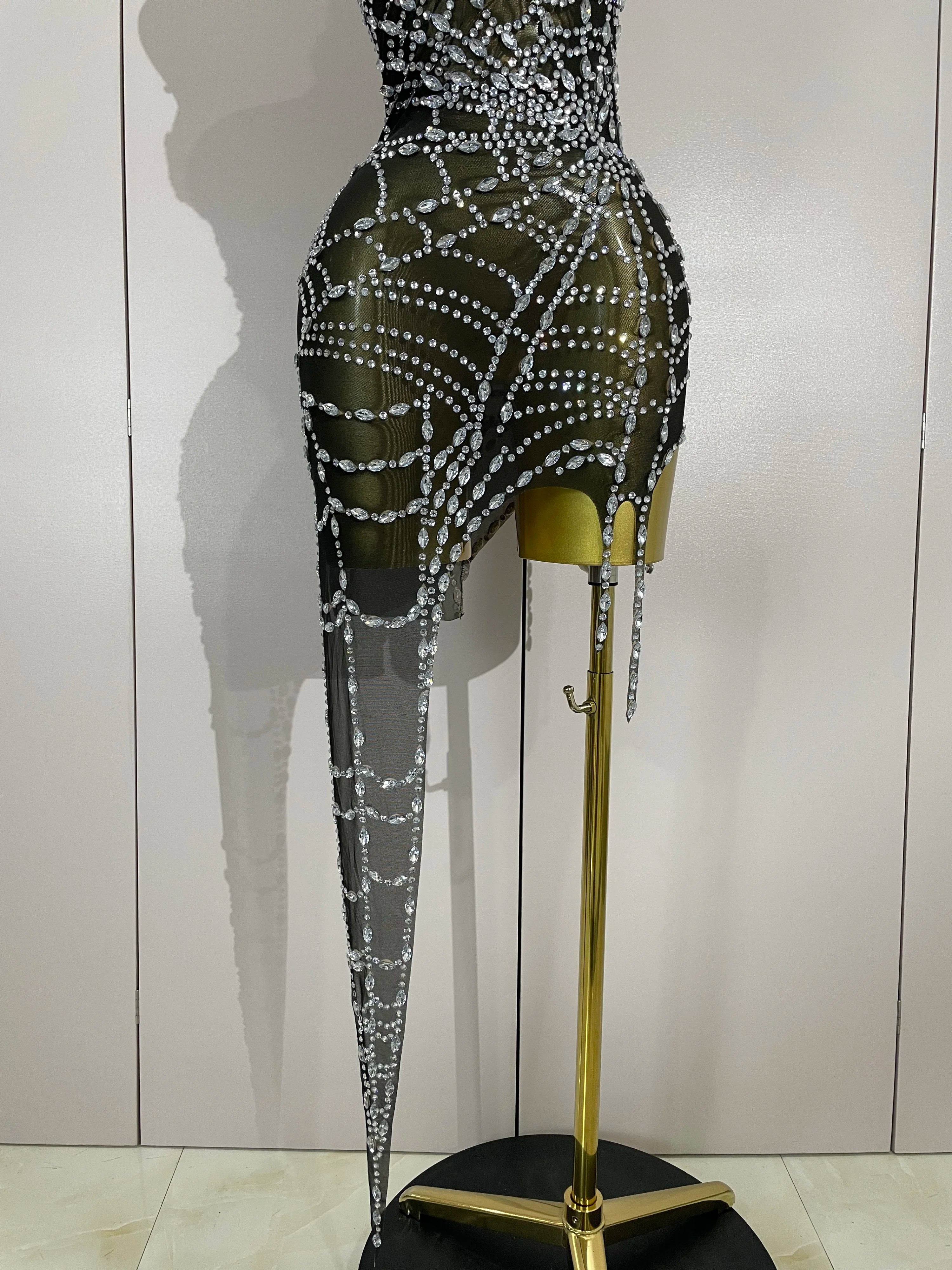 STOCK Sparkly Diamond Sexy Mesh Asymmetric Bodycon Mini Dress Women Nightclub Bar Party Show Gogo Dancer Clothing Stage Costume