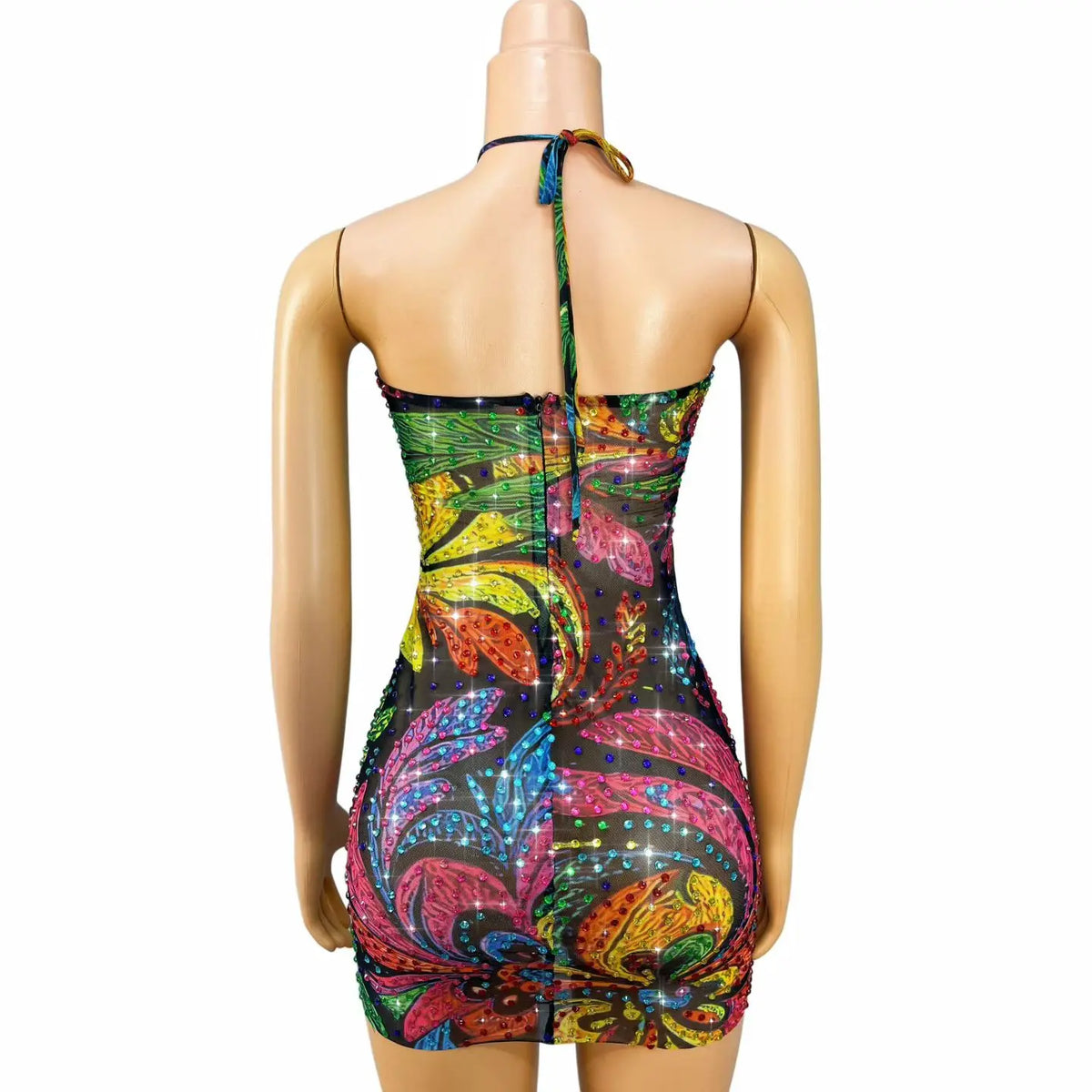 Xingyunhua Women Sparkly Multicolor Swirl Floral Rhinestone MeshDress