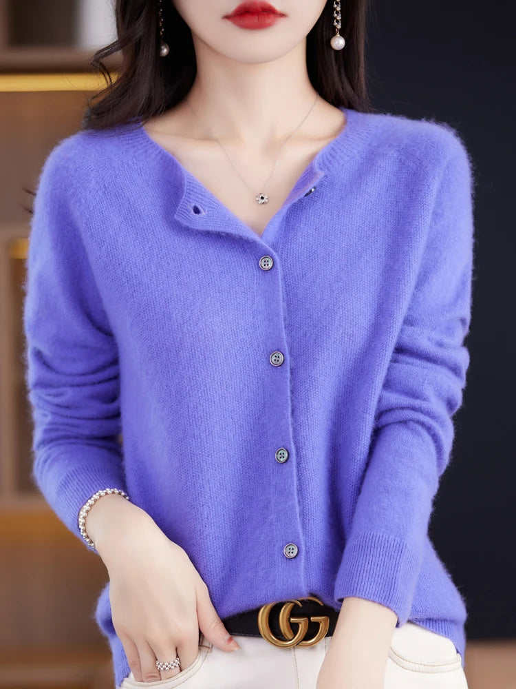 Chic Women's O-Neck Merino Wool Cardigan