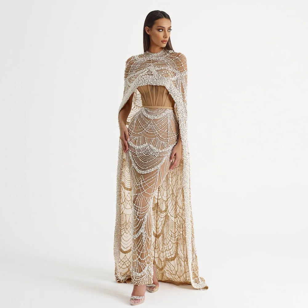 Sharon Said Luxury Pearls Dubai Champagne Evening Dresses