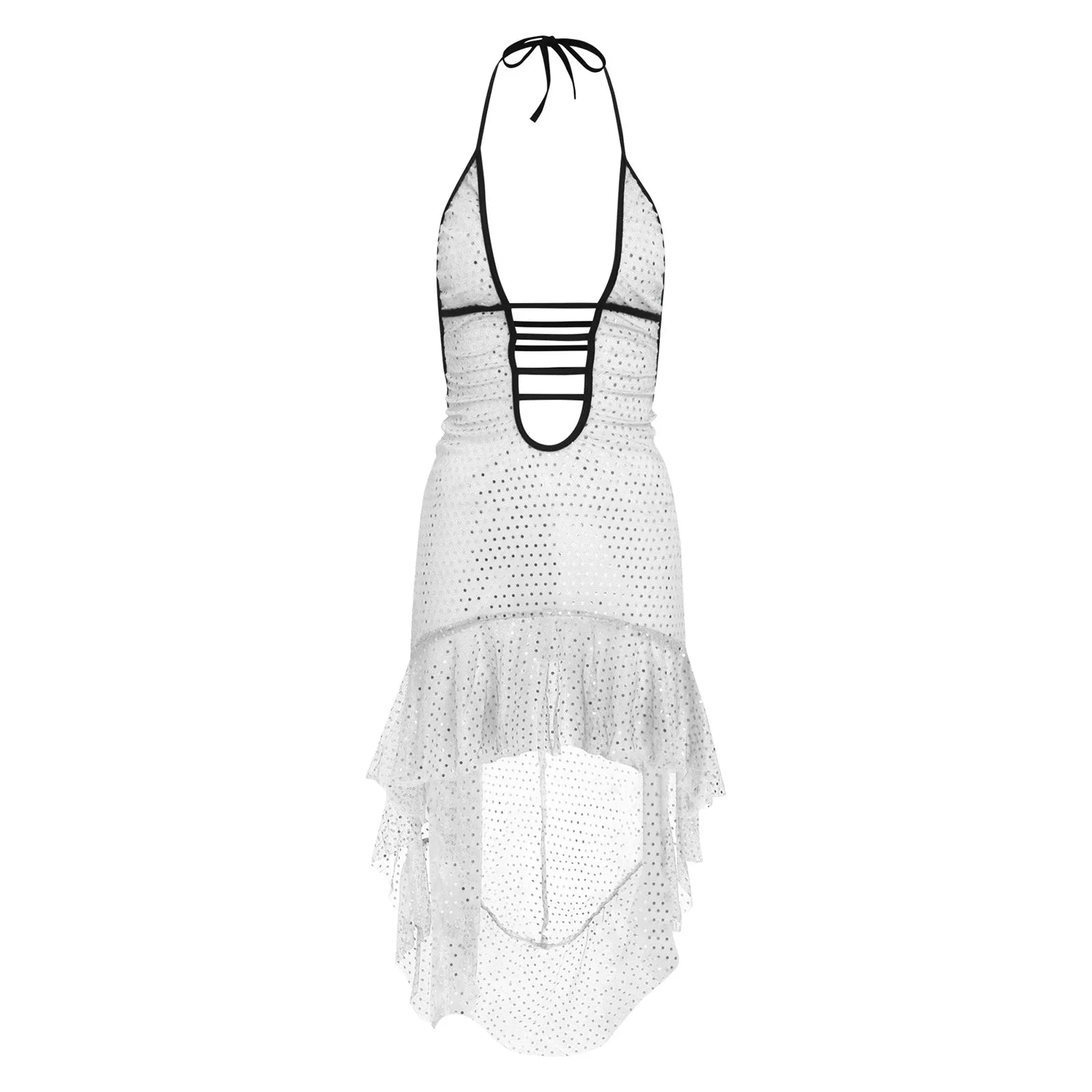 Womens Sexy Dress with T-back Thong Shiny Sequin Bodycon Dress Lace-up Halter Backless Plunge V Neck Ruffled High-low Hem Dress
