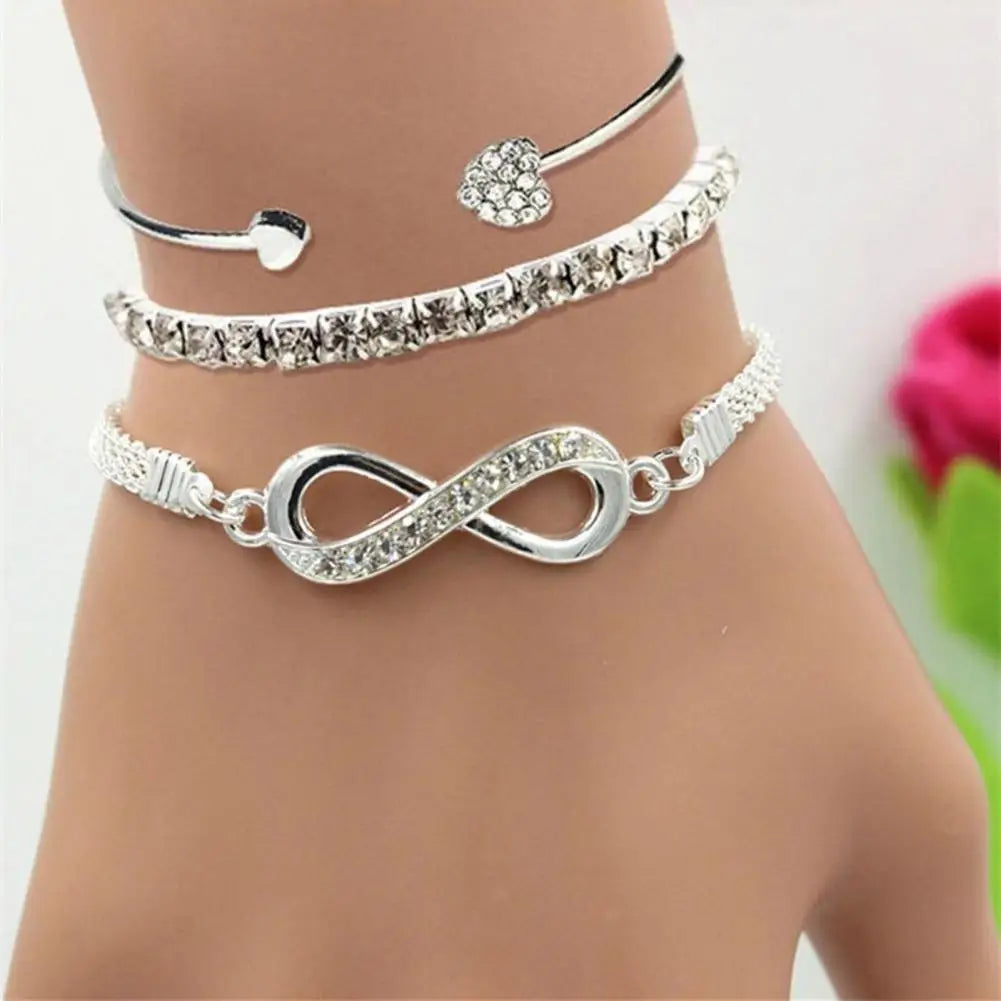 3-Piece Rhinestone Infinite Heart Bangle Set
