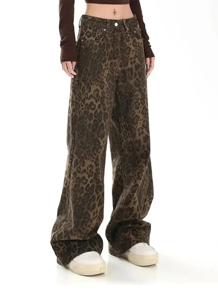 Tan Leopard Wide Leg Streetwear Jeans