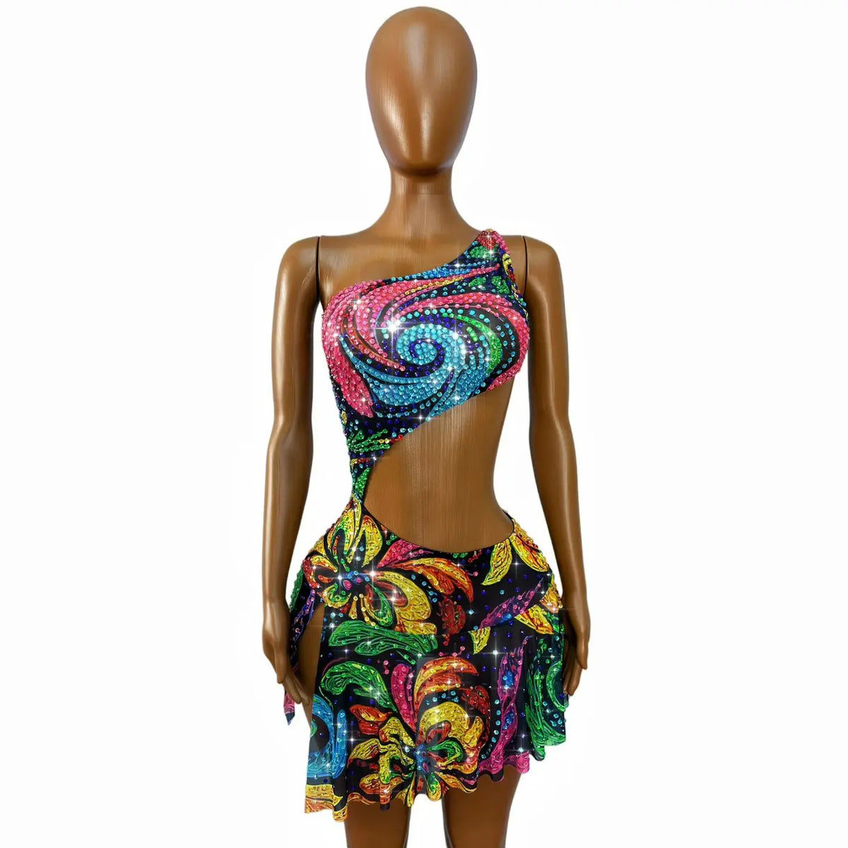 Xingyunhua Women Sparkly Multicolor Swirl Floral Rhinestone MeshDress