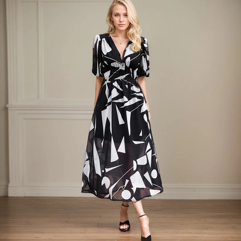 Sexy V Neck Dress For Women Luxury Deep V Neck Quarter Sleeve Elastic Waist Floral Dresses Casual Resort Tea Break A-Line Dress