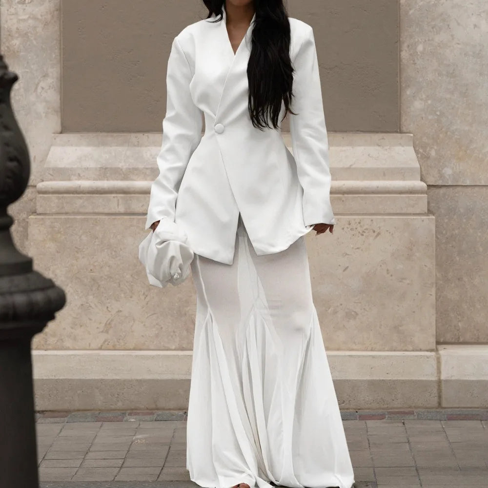 FAGADOER Autumn New Fashion Woman 2 Piece Set Outfit Solid Color Deep V-Neck Jacket and  + Mesh Skirt Matching Female Streetwear