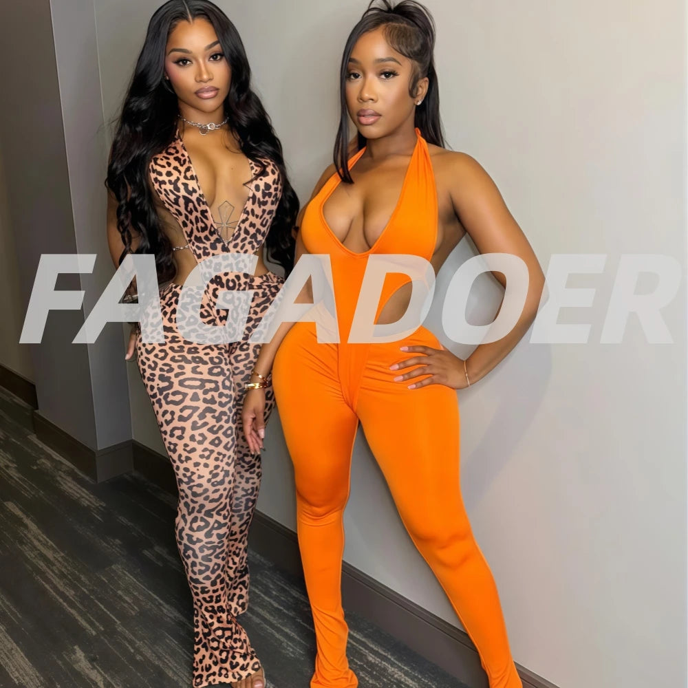 FAGADOER Sexy Leopard Print Bodycon 2 Pieces Set for Woman Deep V-neck Hollow Out Playsuits and  Pants Outfits Female Streetwear